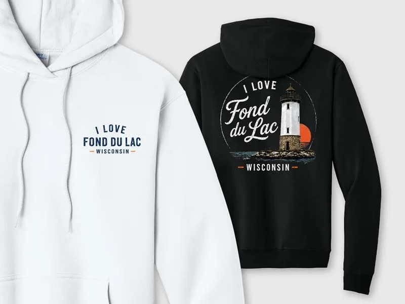 I Love Fond du Lac lighthouse hooded sweatshirt shown in white and black