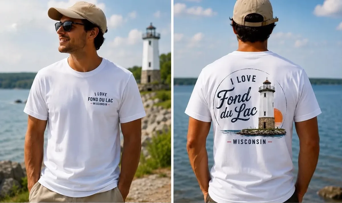 The I Love Fond du Lac lighthouse tee worn at the lakefront, shown front and back