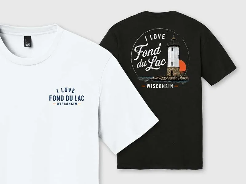 I Love Fond du Lac lighthouse t-shirt shown in white and black